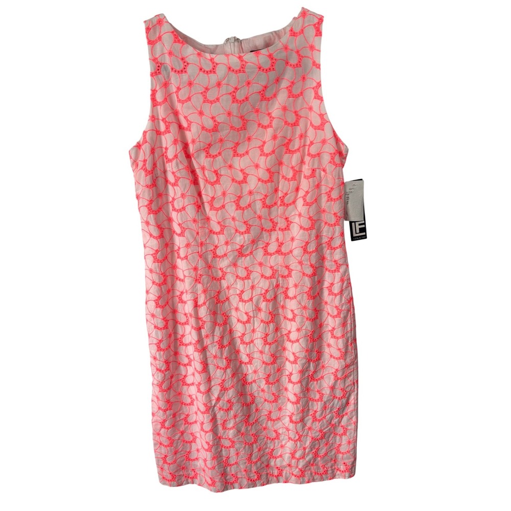 Leslie Fay Neon Pink White Eyelet Cotton Sheath Dress Size 10‎ NWT